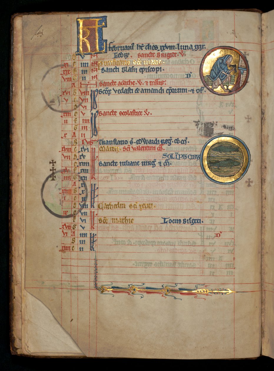 Bayan 322 f.1v, Şubat, ateşin yanında ayakkabısını çıkaran bir adam, 'De Brailes Psalter'dan bir çizim, yaklaşık 1250 by William de Brailes  