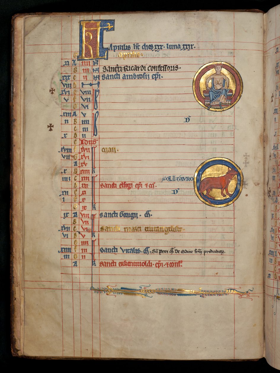 Bayan 322 f.2v, April, elinde iki çiçek tutan oturan bir adam, 