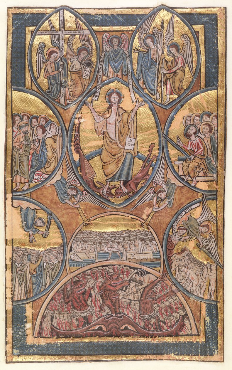 Ms 330 f.3 Koruyucu meleği tarafından bir mezmurdan kurtarılan aydınlatıcının kendi portresini içeren Son Yargı, c.1240 by William de Brailes  