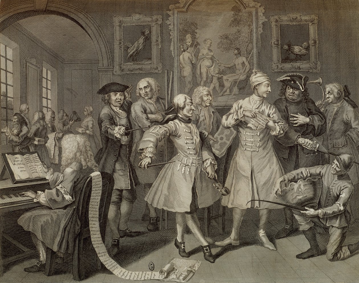 Sanatçılar ve profesörlerle çevrili Tom Rakewell, The Rake's Progress'ten II. levha, William Hogarth'ın (1697-1764) yaptığı resim üstüne gravür by William (after) Hogarth