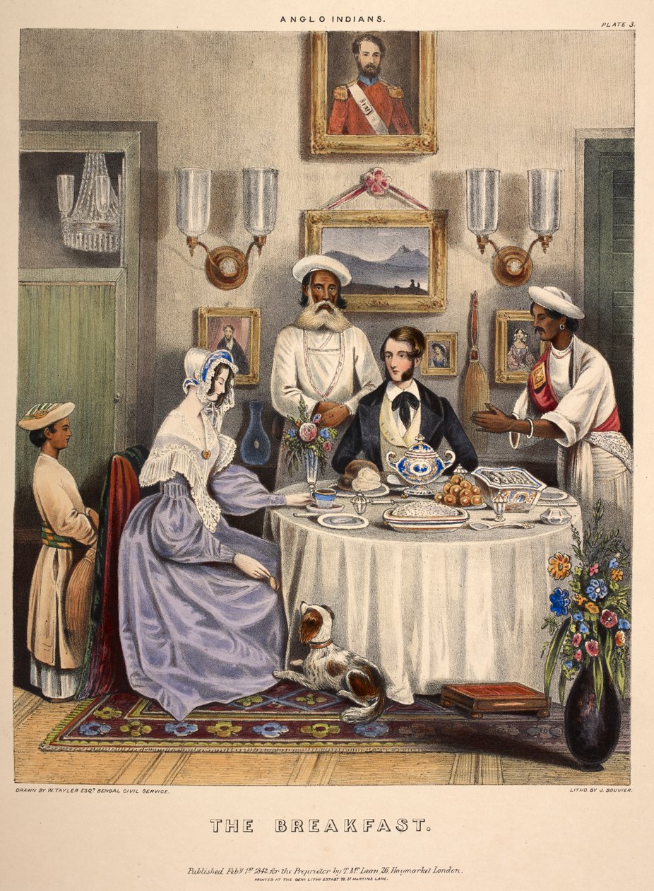 Kahvaltı. Genç evli bir çift (bir Doğu Hindistan Şirketi memuru ve karısı), hizmetçilerin katılımıyla kızarmış balık, pirinç ve Sylhet portakallarıyla kahvaltı ediyor. J. Bouvier tarafından litografi. by William (after) Tayler