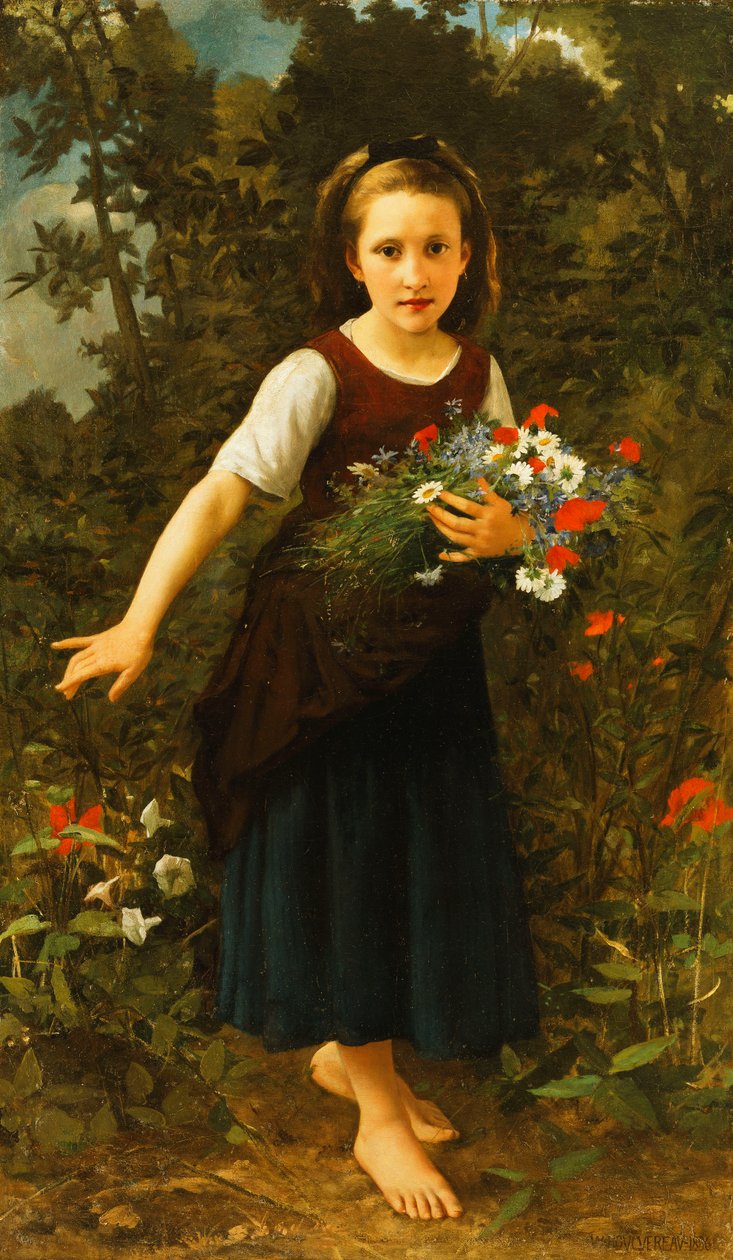 Dere kenarında bir demet çiçek tutan küçük kız, 1886 by William Adolphe Bouguereau