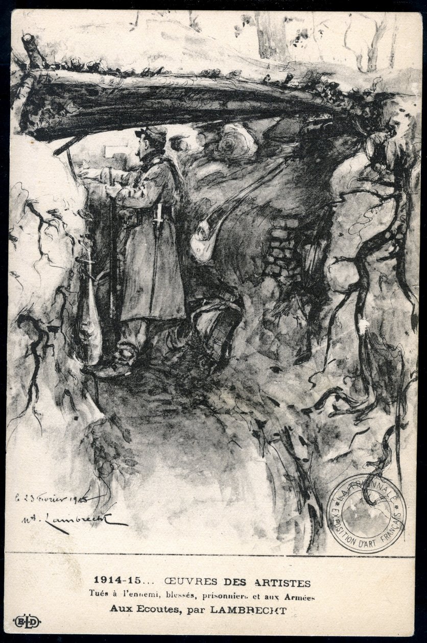 Birinci Dünya Savaşı - 14-18 Savaşı (1914-1918) - I. Dünya Savaşı (Birinci Dünya Savaşı veya Birinci Dünya Savaşı): Fransa, Bir siperde ön cepheyi izleyen bir askerin çizimini gösteren Vatansever Haritası, başlıklı: 'dinleme' by William Adolphe Lambrecht