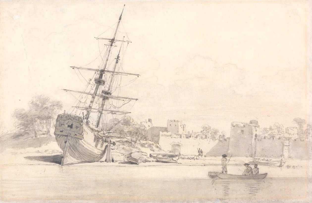 Bazı Müstahkem Binaların Altında Kıyıya Çekilmiş Küçük Bir Yelkenli Gemi by William Alexander
