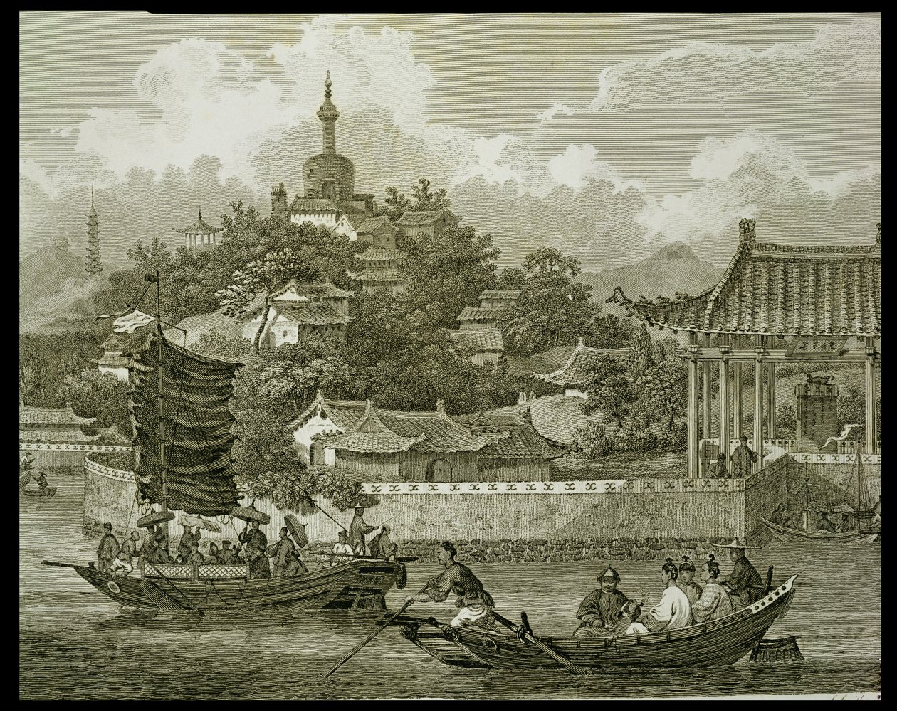 İmparatorluk Sarayı Bahçelerinden Bir Görünüm, Pekin, detay, Samuel Smith tarafından oyulmuş, pub. G. Nicol tarafından, 1796 by William Alexander