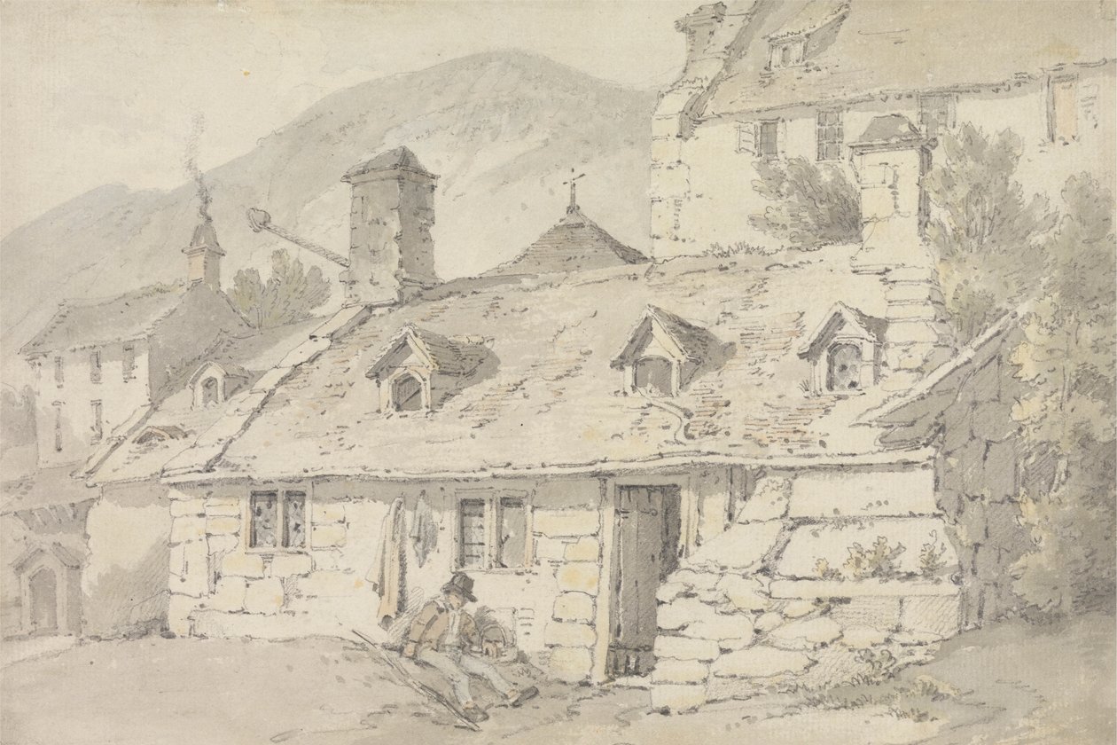 Ön Planda Bir Figür ile Dağlık Bir Manzarada Taş Kulübeler by William Alexander