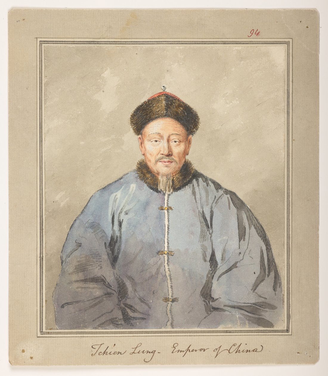 WD 959 bölüm 1 f.94, Tchien Lung, Çin İmparatoru, c1793. Kürk şapka ve kürk şeritli ceket giyen Çin İmparatoru Ch#39;ien-lung#39;un portresi. by William Alexander