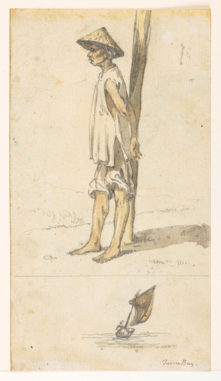 f.5 32v Bir ağaca yaslanmış genç adam;bir tekne. Turon Körfezi.  Lord Macartney
