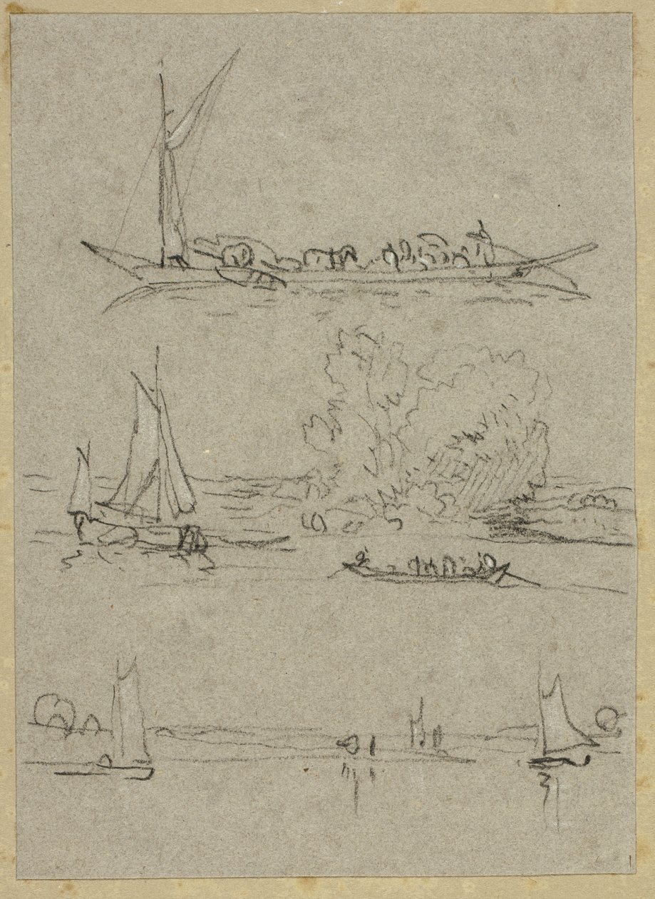 Düsseldorf Nehri Teknelerinin Üç Çizimi by William Alfred Delamotte