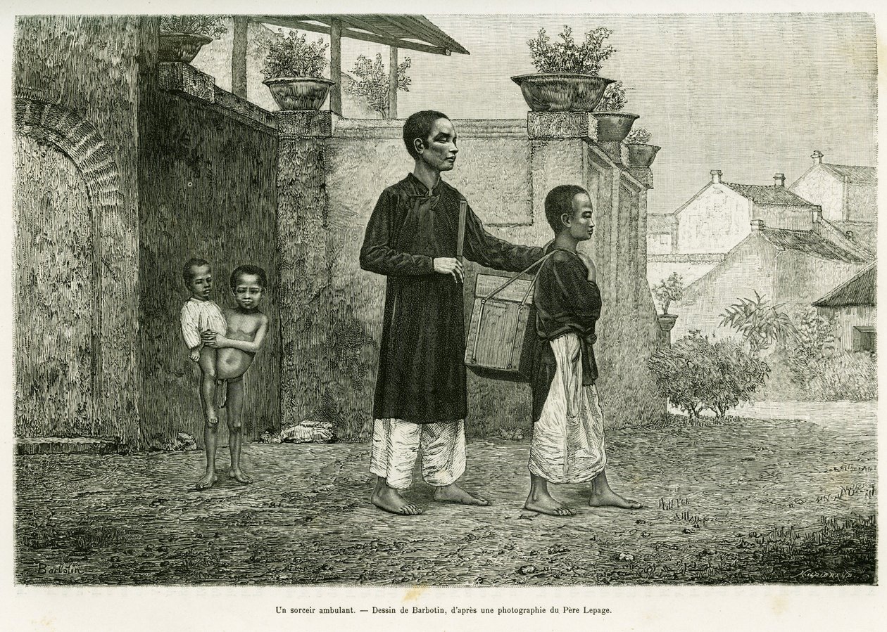 Yürüyen bir büyücü, kör bir masör. 1884'te, Doktor Paul Hocquard'ın Trente mois au Tonkin öyküsünü göstermek için Barbotin tarafından yapılan gravür, le tour du monde 1890'da, Edouard Charton (1807-1890), Hachette, Paris. by William Barbotin