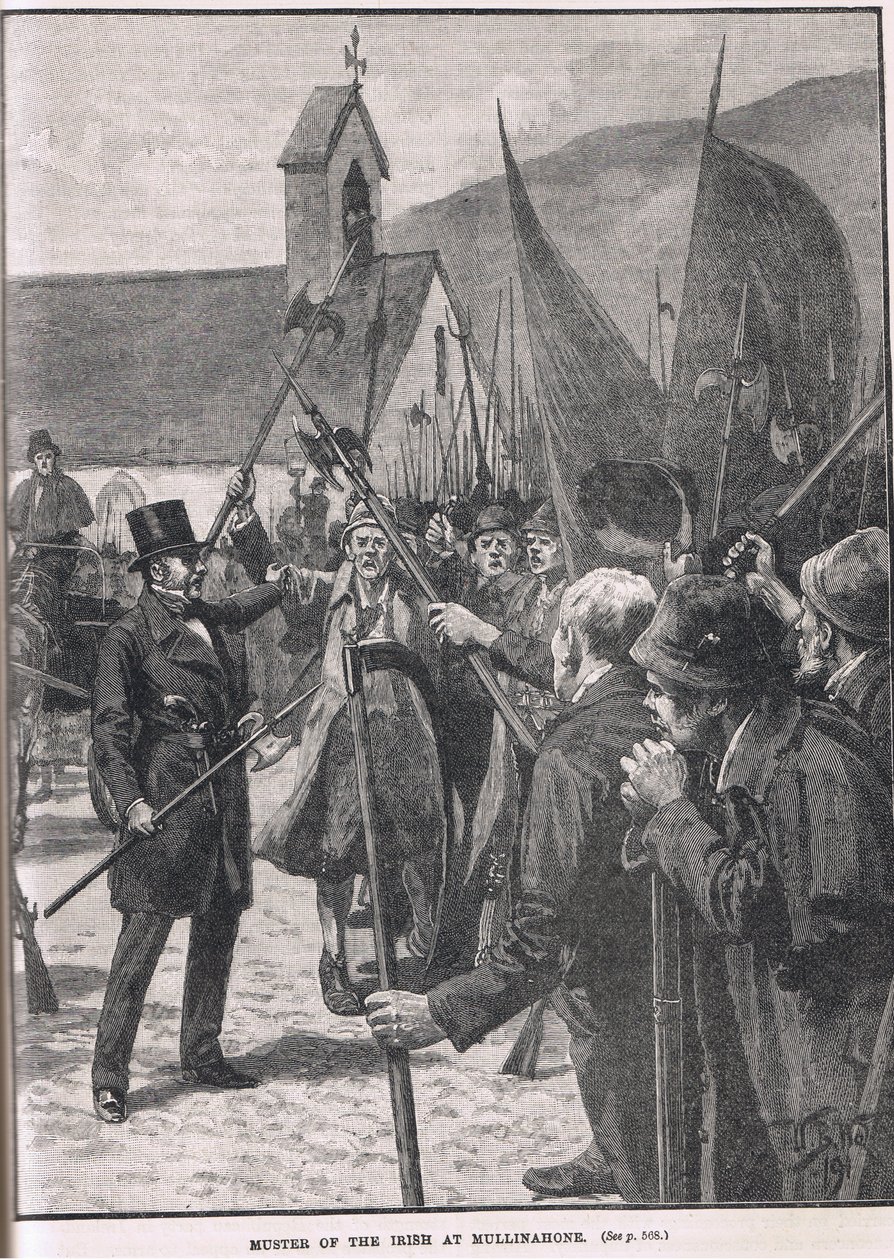 İrlandalıların Mullinahone'da toplanması, Cassell'in 'İngiltere'nin Resimli Tarihi'nden bir çizim, c.1910'da yayınlandı by William Barnes Wollen