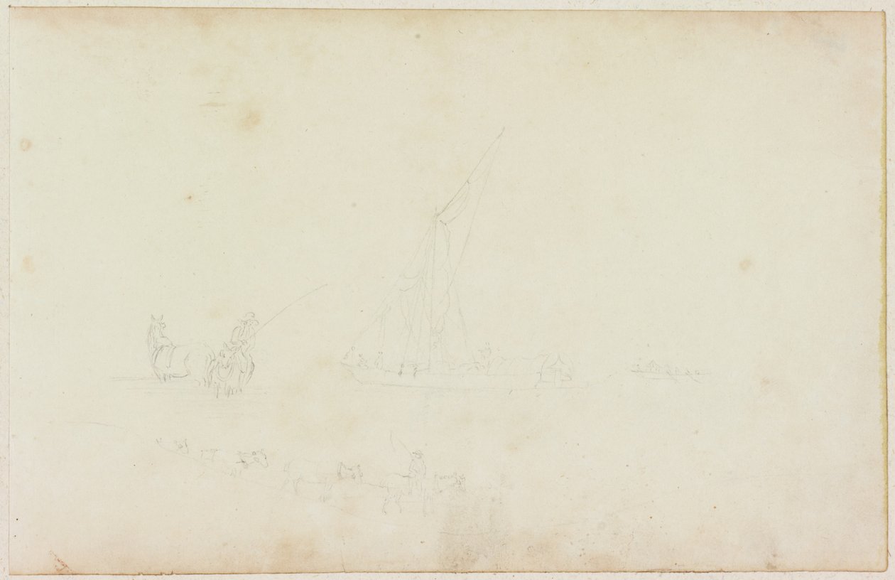 Gemi Kürekli Tekne ve Binicinin Çizgili At Kroki (kağıt üzerine kurşun kalem (M746 ile kağıt üzerinde)) by William Beilby
