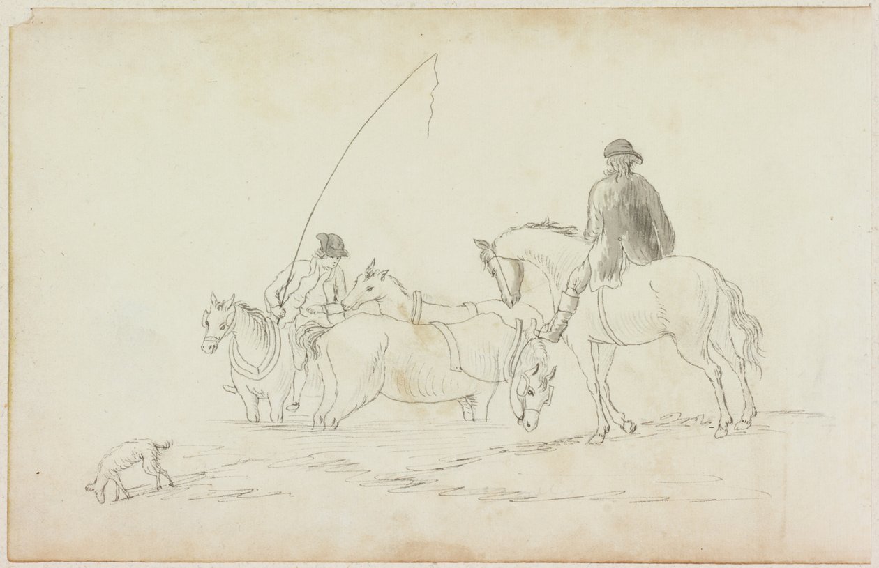 İki Atlı ve Köpekli Atlı İki Adam (kağıt üzerine kurşun kalem ve suluboya (yıkama) (M751 ile kağıt üzerinde)) by William Beilby
