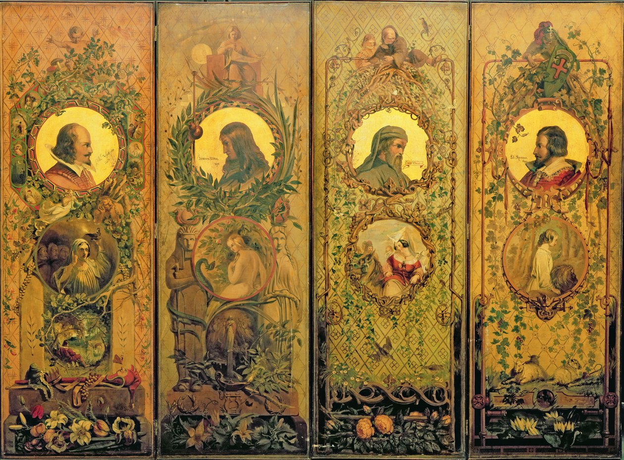 Shakespeare, Milton, Chaucer ve Spenser portreleri ile dört yapraklı bir ekran by William Bell Scott