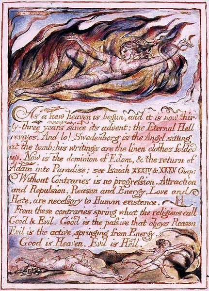 "Yeni bir cennet başladığında..", 'Cennet ve Cehennemin Evliliği'nden bir örnek, c.1790-3 (kabartma gravürü kalem ve suluboya ile tamamlandı) by William Blake