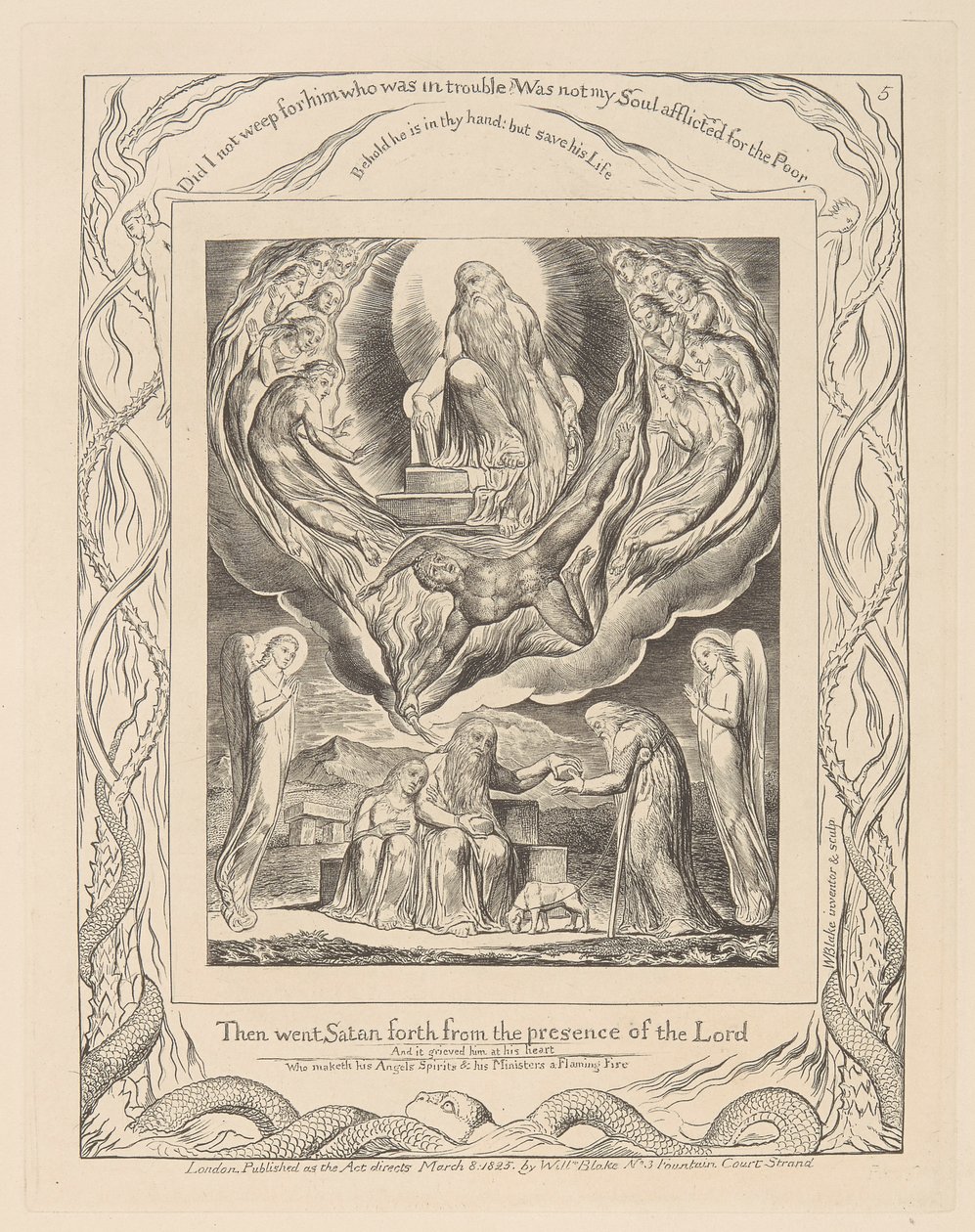 Eyüp Kitabı, Levha 5, Rab'bin Huzurundan Ayrılan Şeytan ve Eyüp'ün Hayırseverliği by William Blake