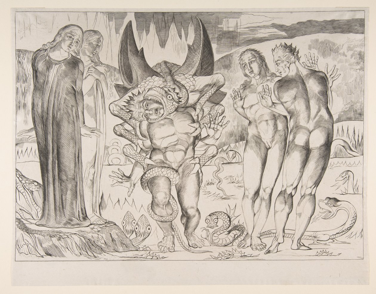 Hırsızlar Çemberi: Agnello Brunelleschi Altı Ayaklı Yılan Tarafından Saldırıya Uğradı, Dan..., ca. 1825-27. by William Blake