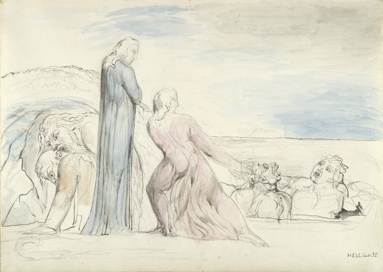 Dante Hain Bocca'yı Saçından Yakalıyor, Dante Alighieri'nin 'İlahi Komedya'sının illüstrasyonu by William Blake