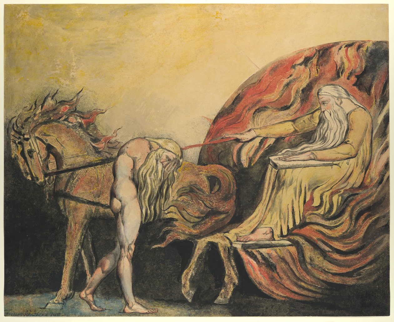 Tanrı Yargılayan Adam, c.1795 (kalem, mürekkep ve sulu boya ile renkli gravür) by William Blake