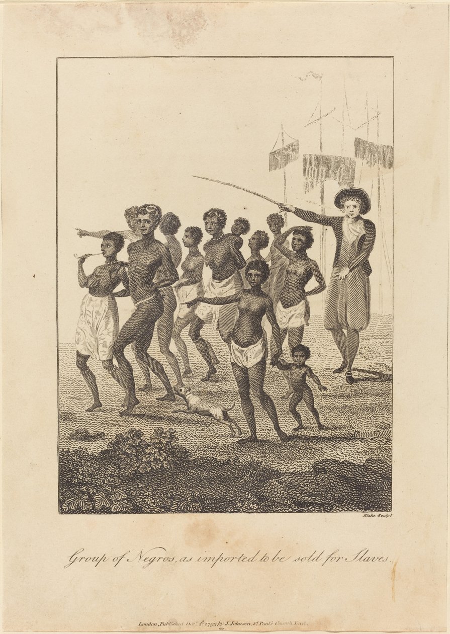 Köleler için satılmak üzere ithal edilen bir grup siyah insan, 1793. by William Blake