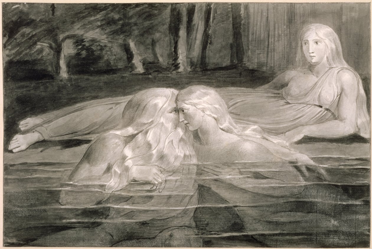 Har ve Heva Banyosu, Mnetha Bakıyor, c.1785-89 (kağıt üzerinde fırça, mürekkep ve yıkama) by William Blake