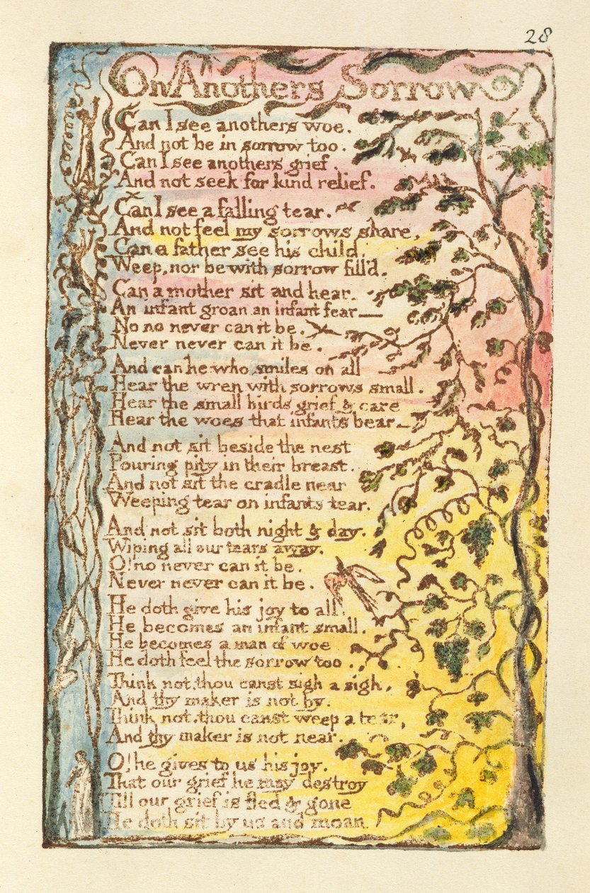 Bir Başkasının Hüznü Üzerine, 'Songs of Innocence and of Experience' (Bentley Copy L) pl.28 (Bentley 27) 1789-94 (kağıt üzerine kalem ve suluboya ile kabartma gravür) adlı çizim by William Blake