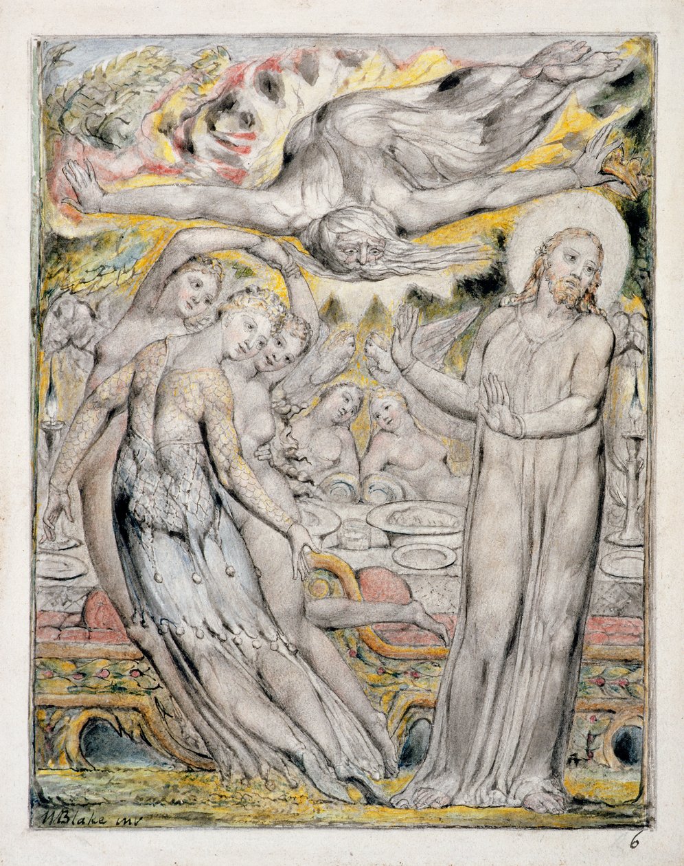 PD.18-1950 İsa, John Milton tarafından 'Cennetin Geri Kazanıldığı'ndan Şeytan'ın sunduğu ziyafeti reddediyor, c.1816-18 (klozet, kalem ve mürekkep yıkamalı) by William Blake