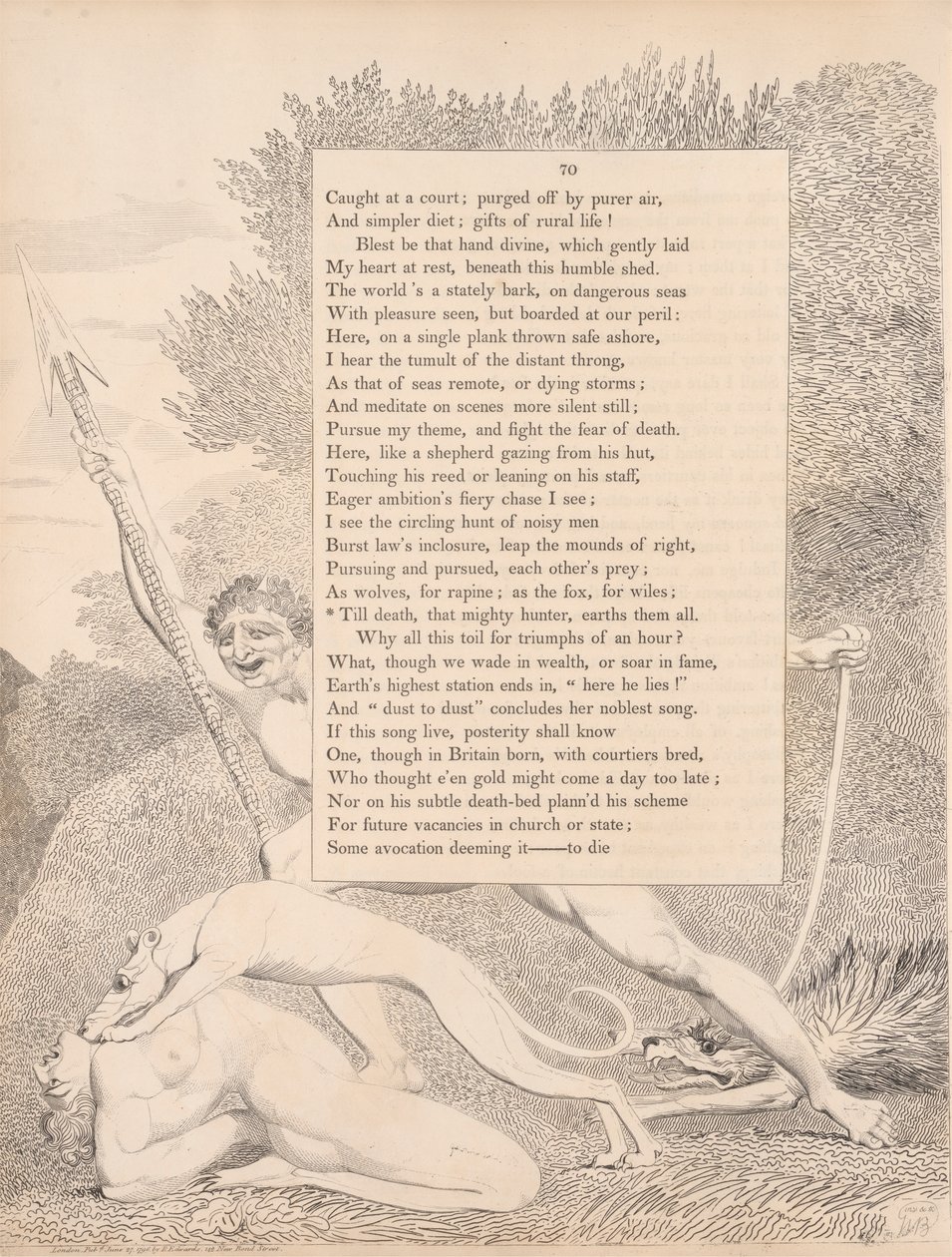 Levha 32 (sayfa 70): 'Ölene kadar, o kudretli avcı hepsini topraklar' by William Blake