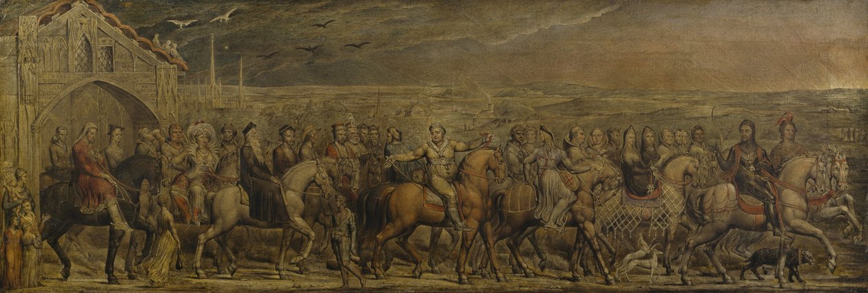 Sir Jeffrey Chaucer (c.1342-1400) ve Dokuz ve Yirmi Hacı Canterbury Yolculuklarında (tuval üzerine tempera) by William Blake