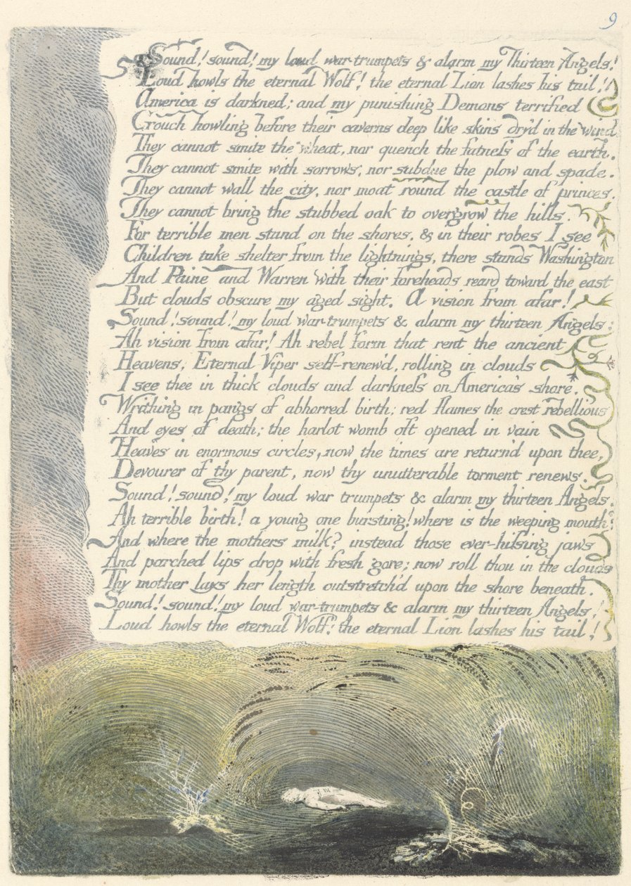 'Ses! Ses! gürültülü savaş trompetlerim...', 'Amerika: Bir Kehanet'ten 11. plaka by William Blake