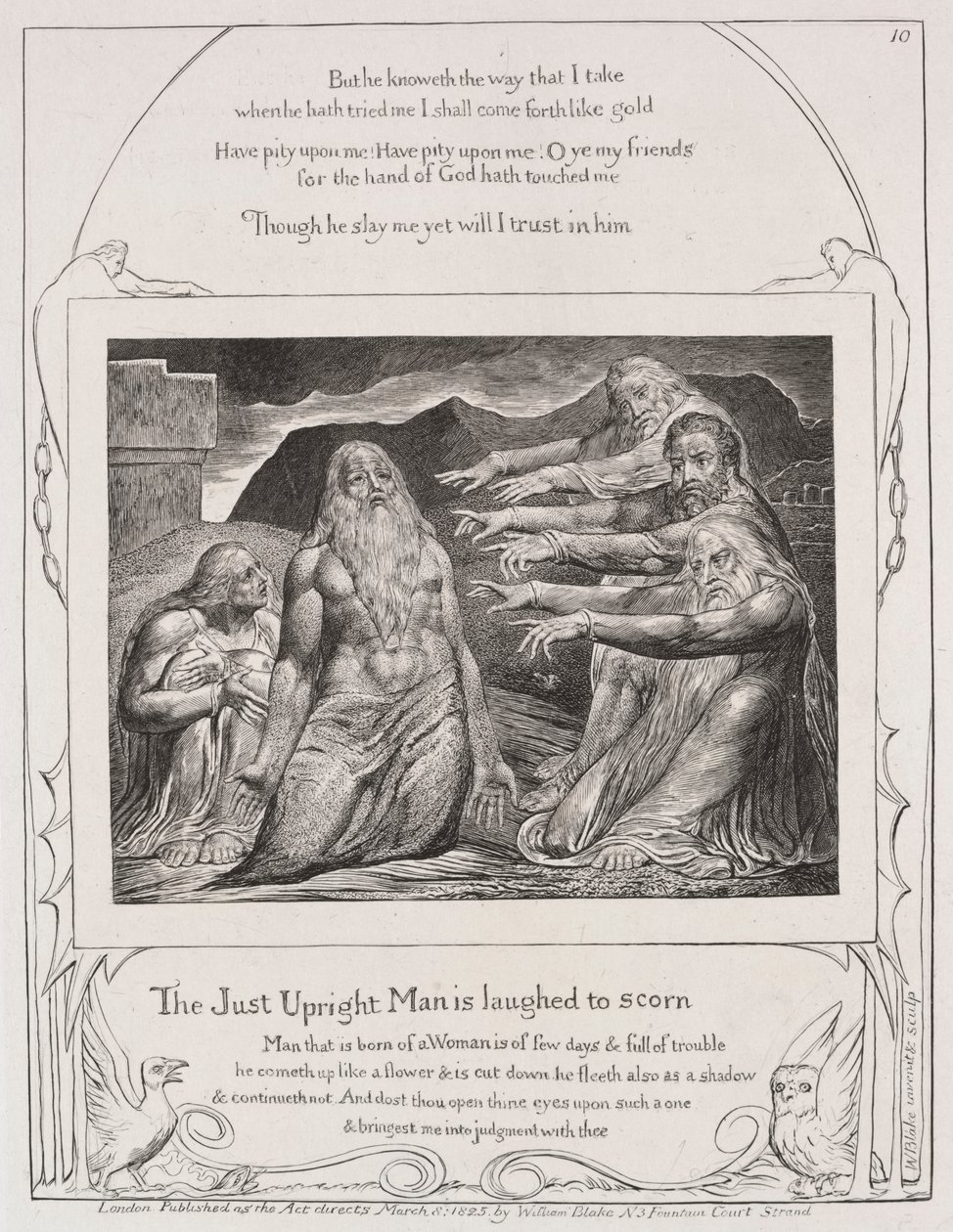 Eyüp Kitabı: Pl. 10, Adil dürüst adam küçümsemeye güler by William Blake