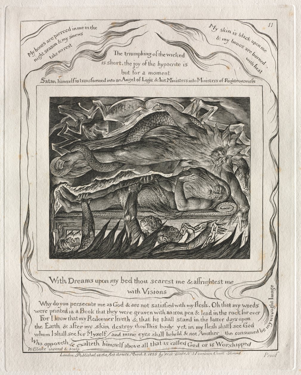 Eyüp Kitabı: Pl. 11, Yatağımda rüyalarla beni korkutur ve korkutursun / Vizyonlarla by William Blake
