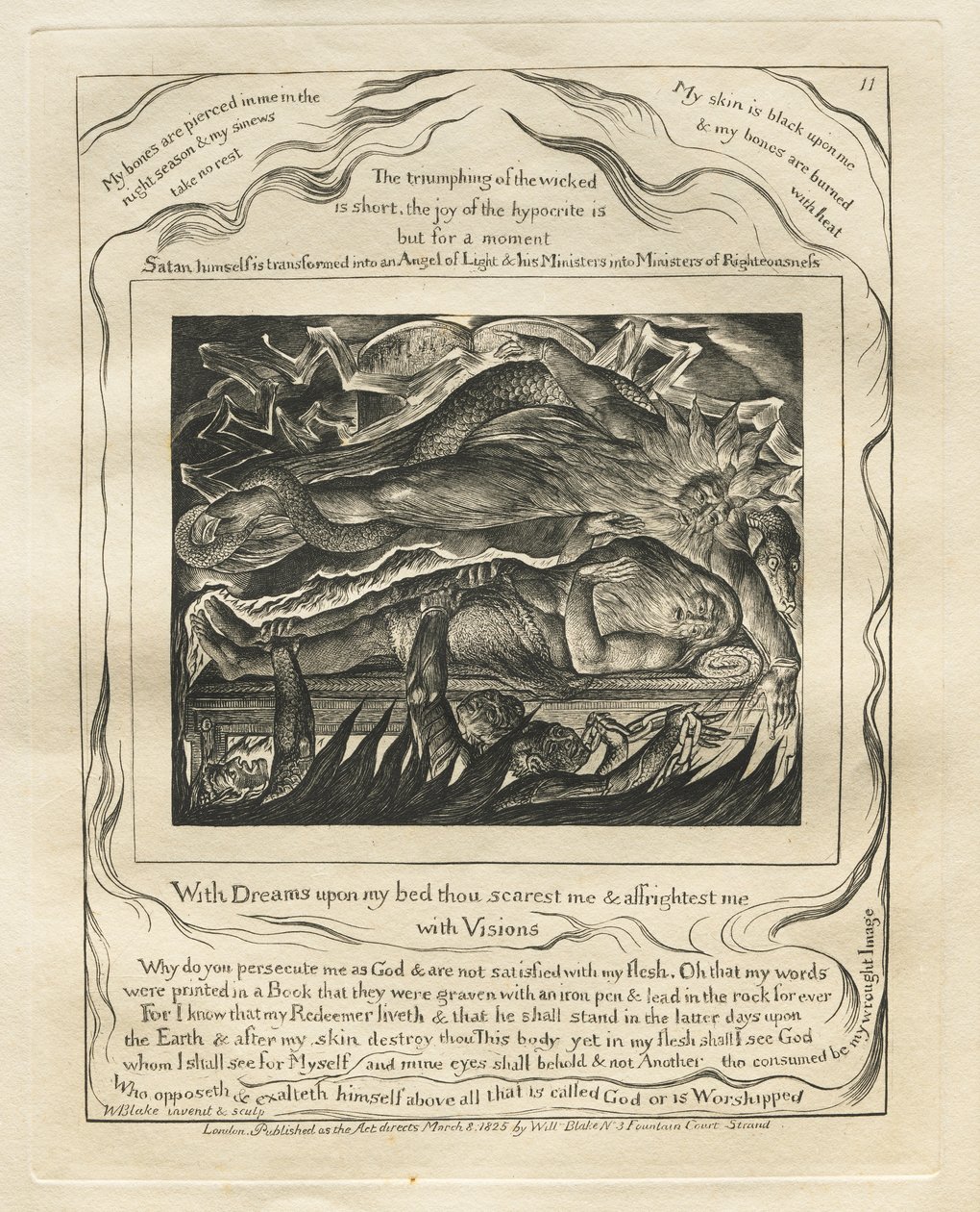 Eyüp Kitabı: Pl. 11, Yatağımda rüyalarla beni korkutur ve korkutursun / Vizyonlarla by William Blake