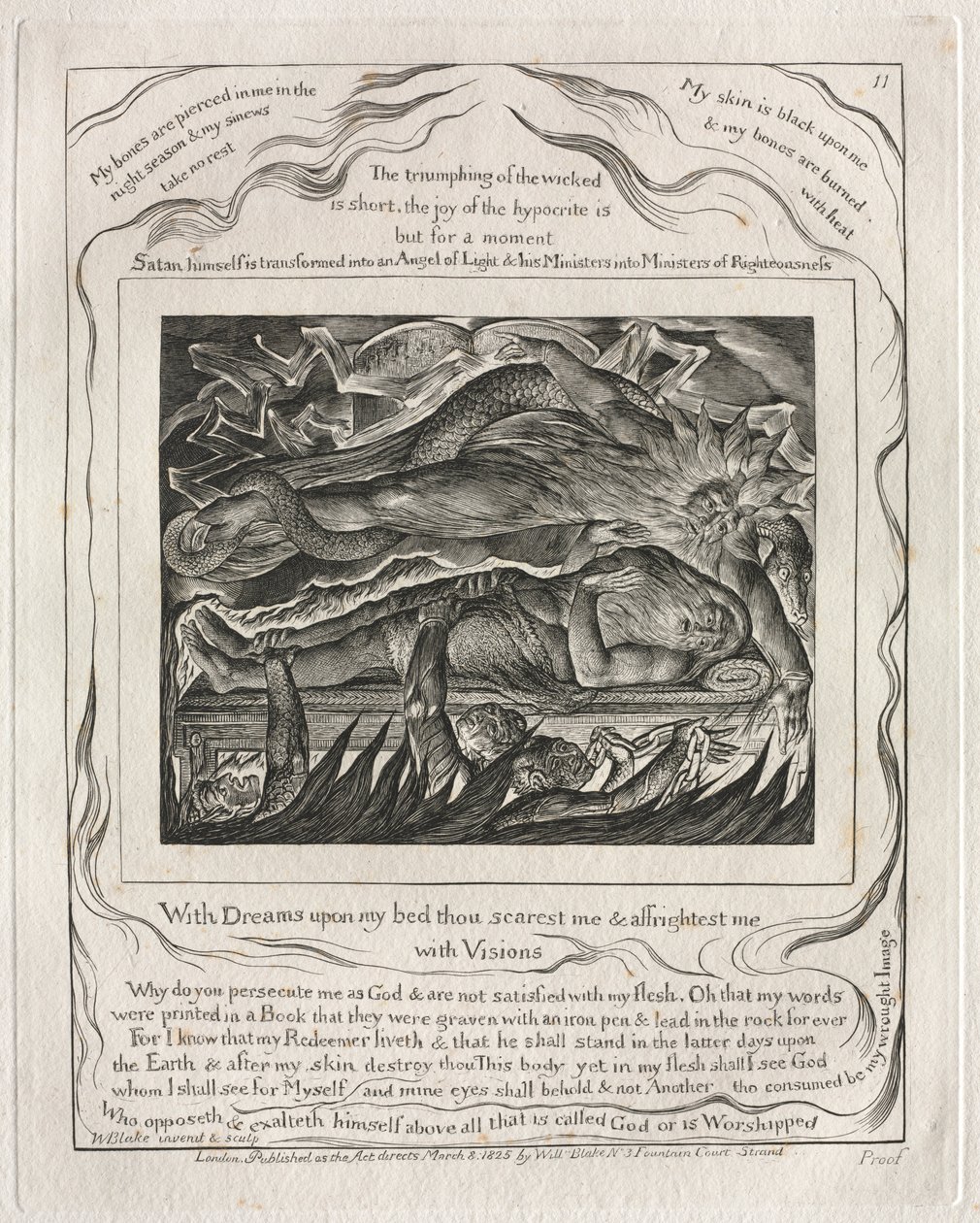 Eyüp Kitabı: Pl. 11, Yatağımda Düşler varken beni korkutuyorsun ve korkutuyorsun..., 1825. by William Blake