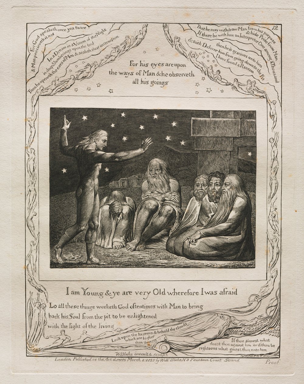 Eyüp Kitabı: Pl. 12, Ben gencim ve siz çok yaşlısınız, bu yüzden korktum, 1825. by William Blake