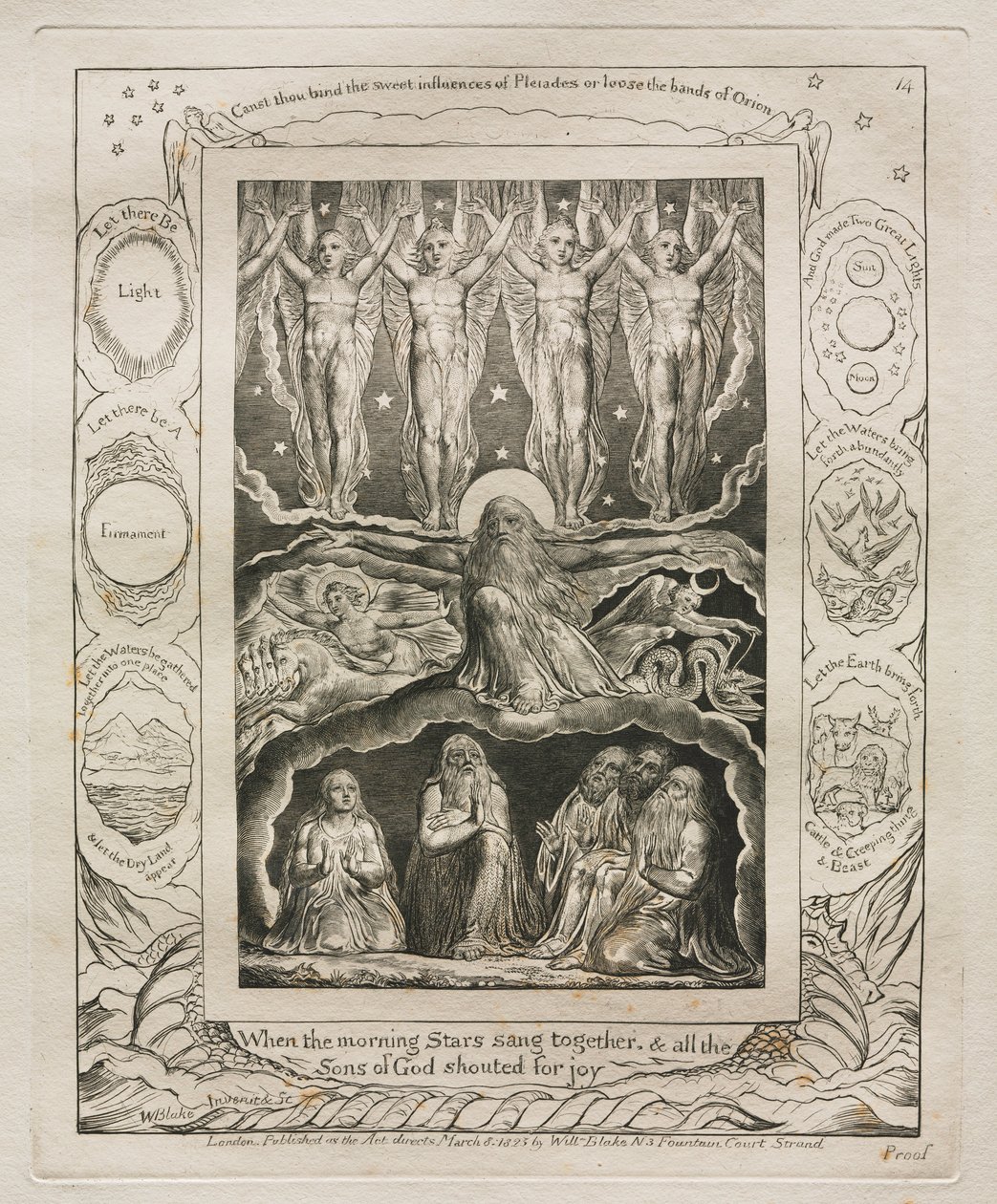 Eyüp Kitabı: Pl. 14, Sabah Yıldızları birlikte şarkı söylediğinde ve tüm Oğullar..., 1825. by William Blake