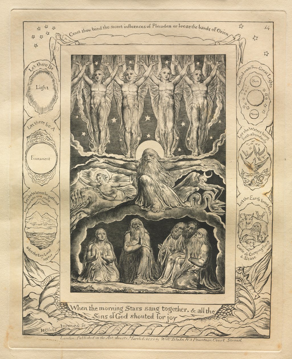 Eyüp Kitabı: Pl. 14, Sabah Yıldızları birlikte şarkı söylediğinde ve Tanrı'nın tüm / Oğulları sevinçle bağırdığında by William Blake