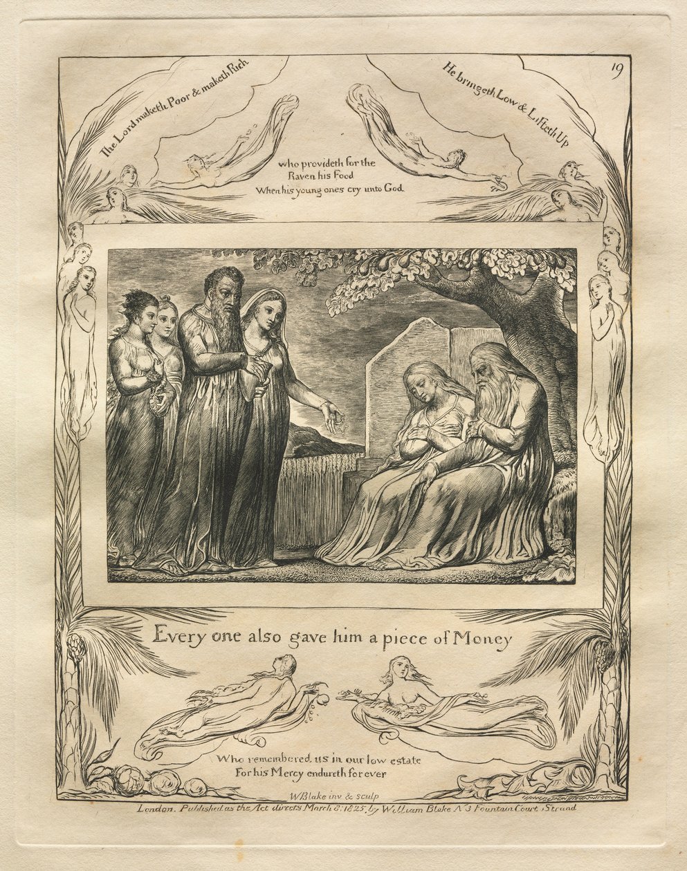 Eyüp Kitabı: Pl. 19, Herkes ona bir parça Para da verdi, 1825. by William Blake