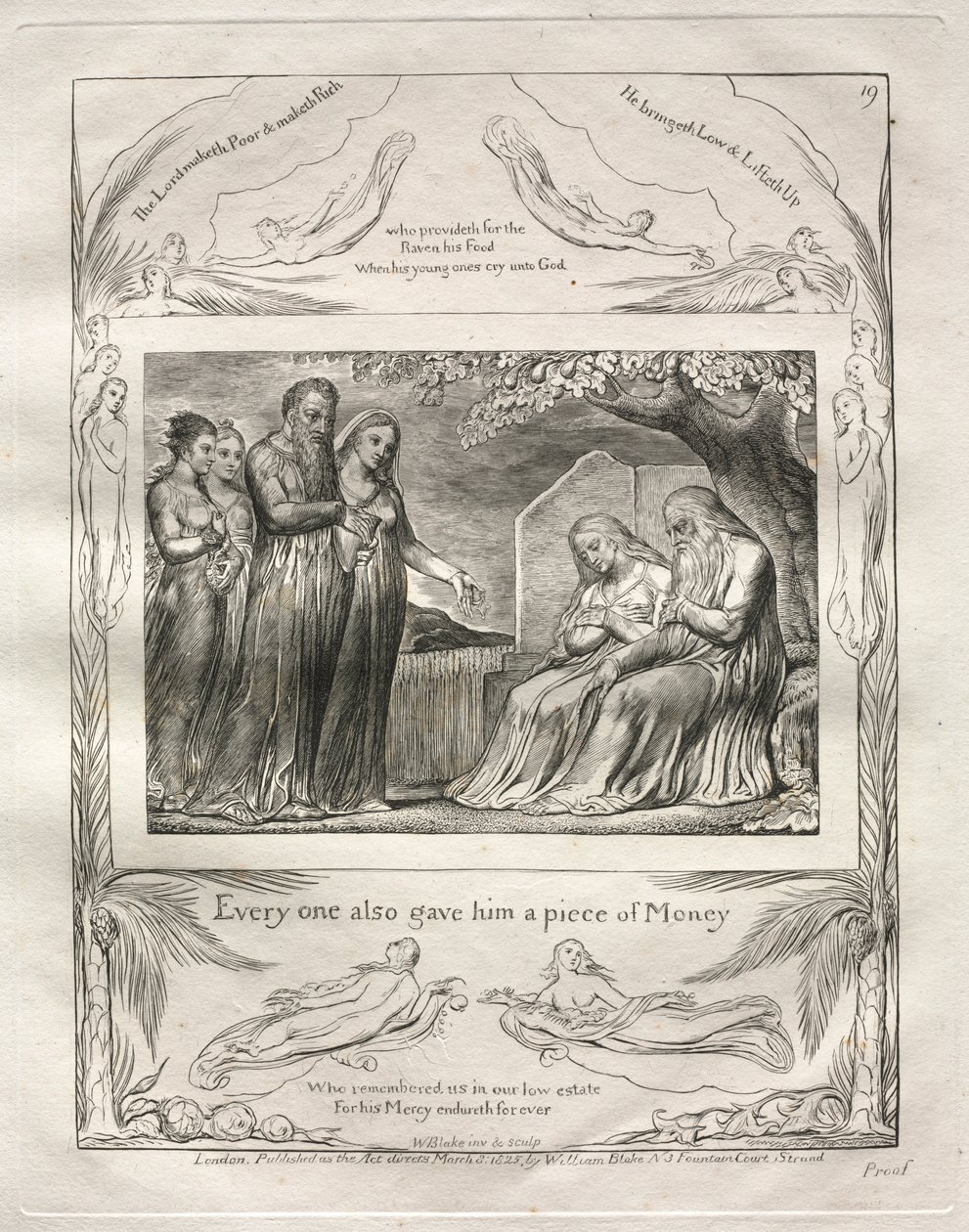 Eyüp Kitabı: Pl. 19, Herkes ona bir parça Para da verdi, 1825. by William Blake