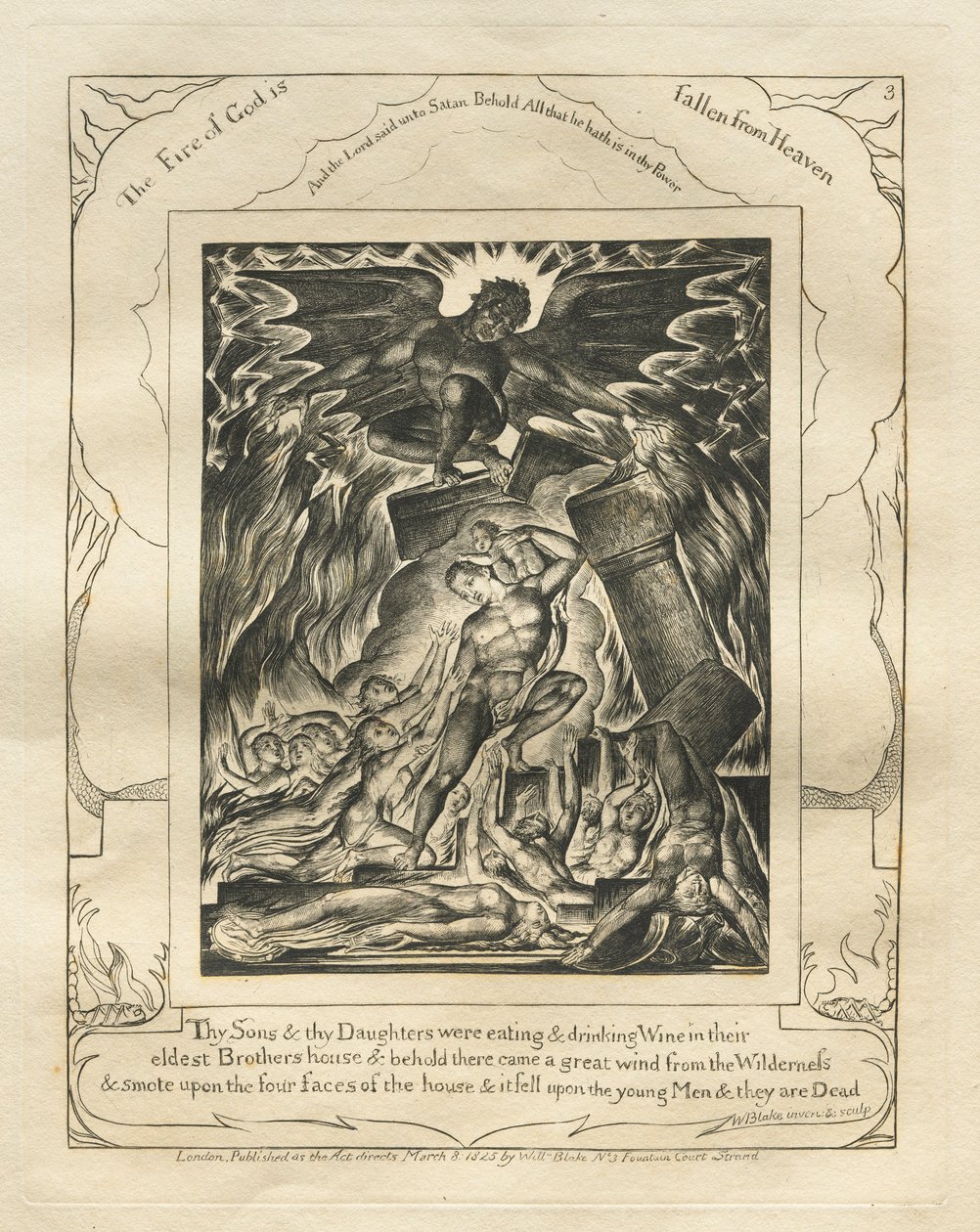 Eyüp Kitabı: Pl. 3, Oğulların ve Kızların Şarap yiyip içiyorlardı..., 1825. by William Blake