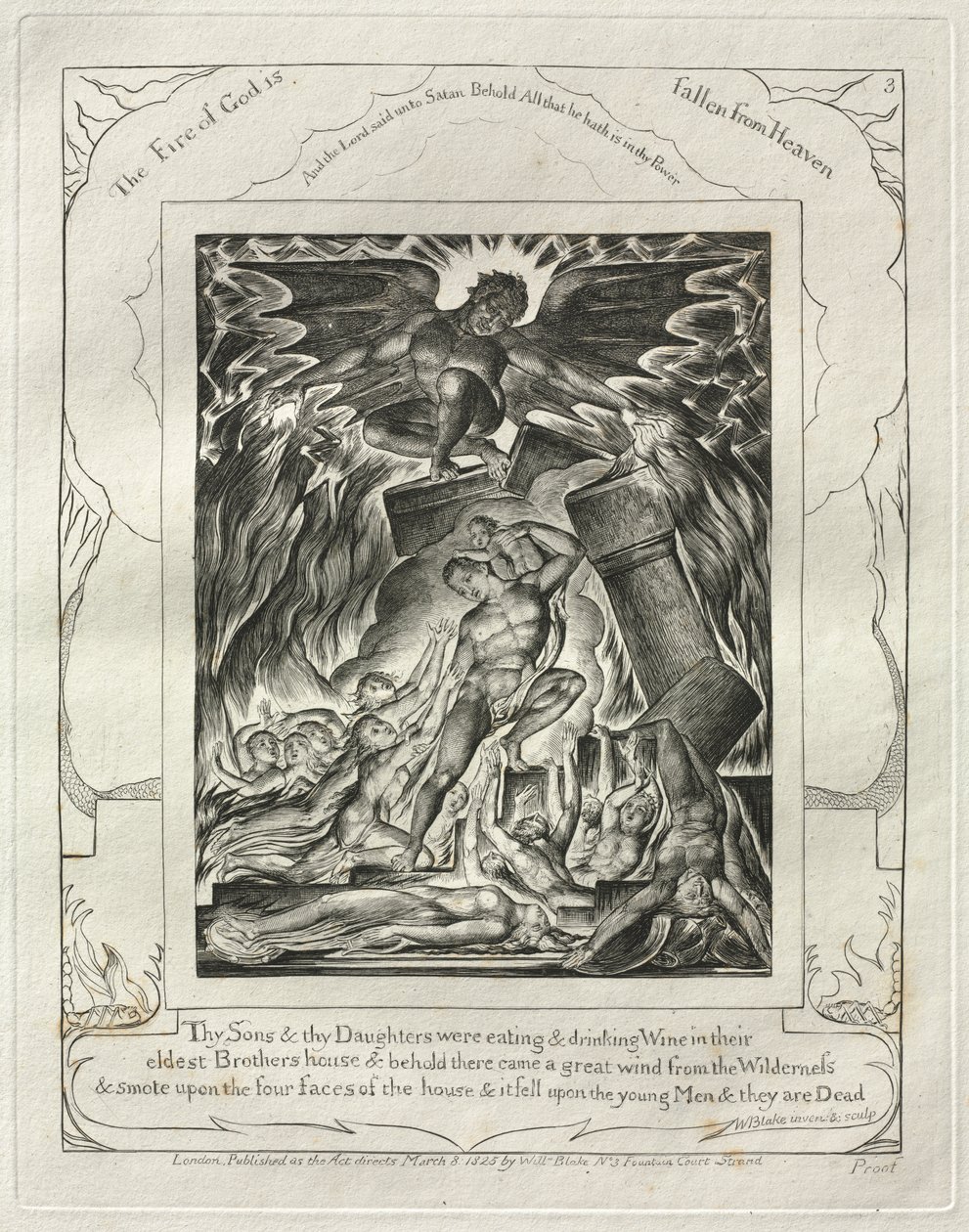 Eyüp Kitabı: Pl. 3, Oğulların ve Kızların, en büyük Kardeşlerinin evinde Şarap yiyip içiyorlardı. by William Blake