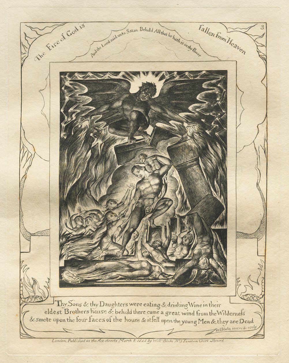 Eyüp Kitabı: Pl. 3, Oğulların ve Kızların, en büyük Kardeşlerinin evinde Şarap yiyip içiyorlardı. by William Blake