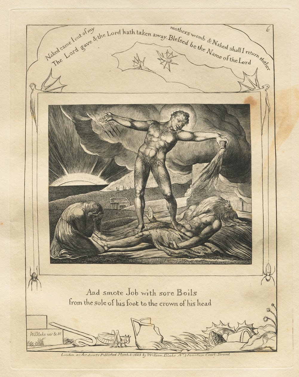 Eyüp Kitabı: Pl. 6, Ve Eyüp'ü boğaz çıbanlarıyla vurun / ayağının tabanından başının tepesine kadar by William Blake