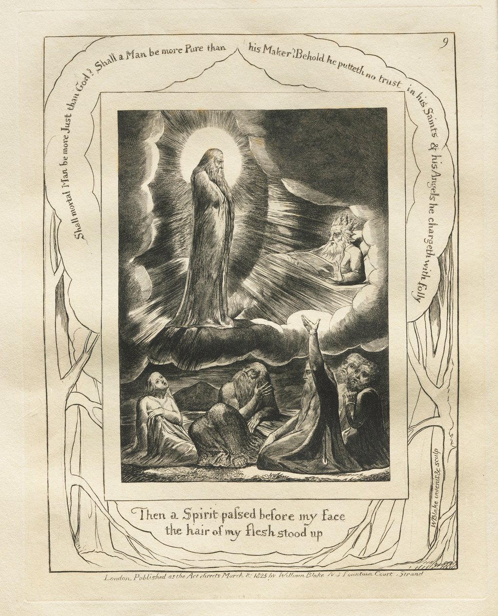 Eyüp Kitabı: Pl. 9, Sonra bir Ruh yüzümün önünden geçti, etimin kılları ayağa kalktı, 1825. by William Blake