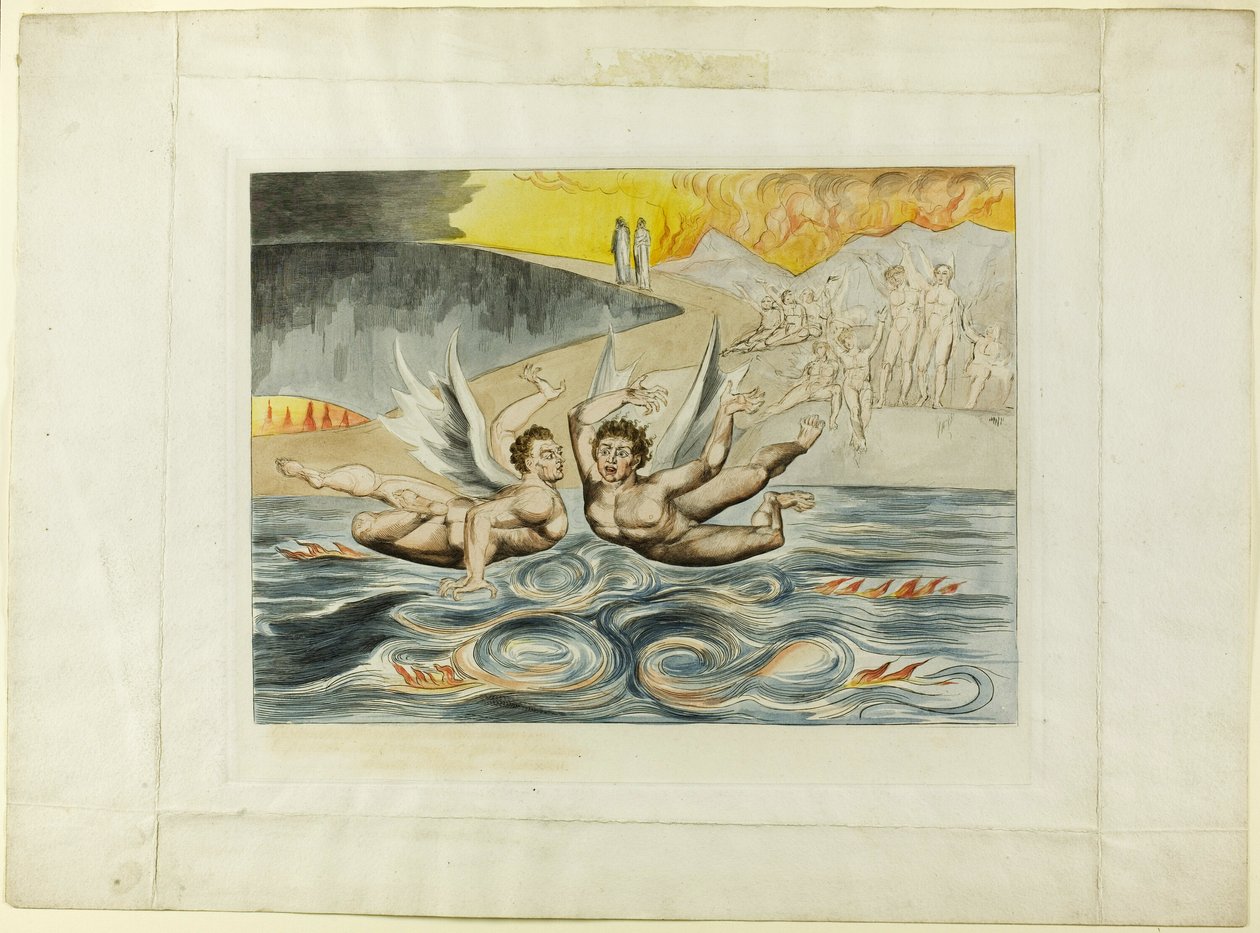 Yolsuz Yetkililer Çemberi; Birbirlerini Mauling Şeytanlar. Cehennem, canto XXII. by William Blake