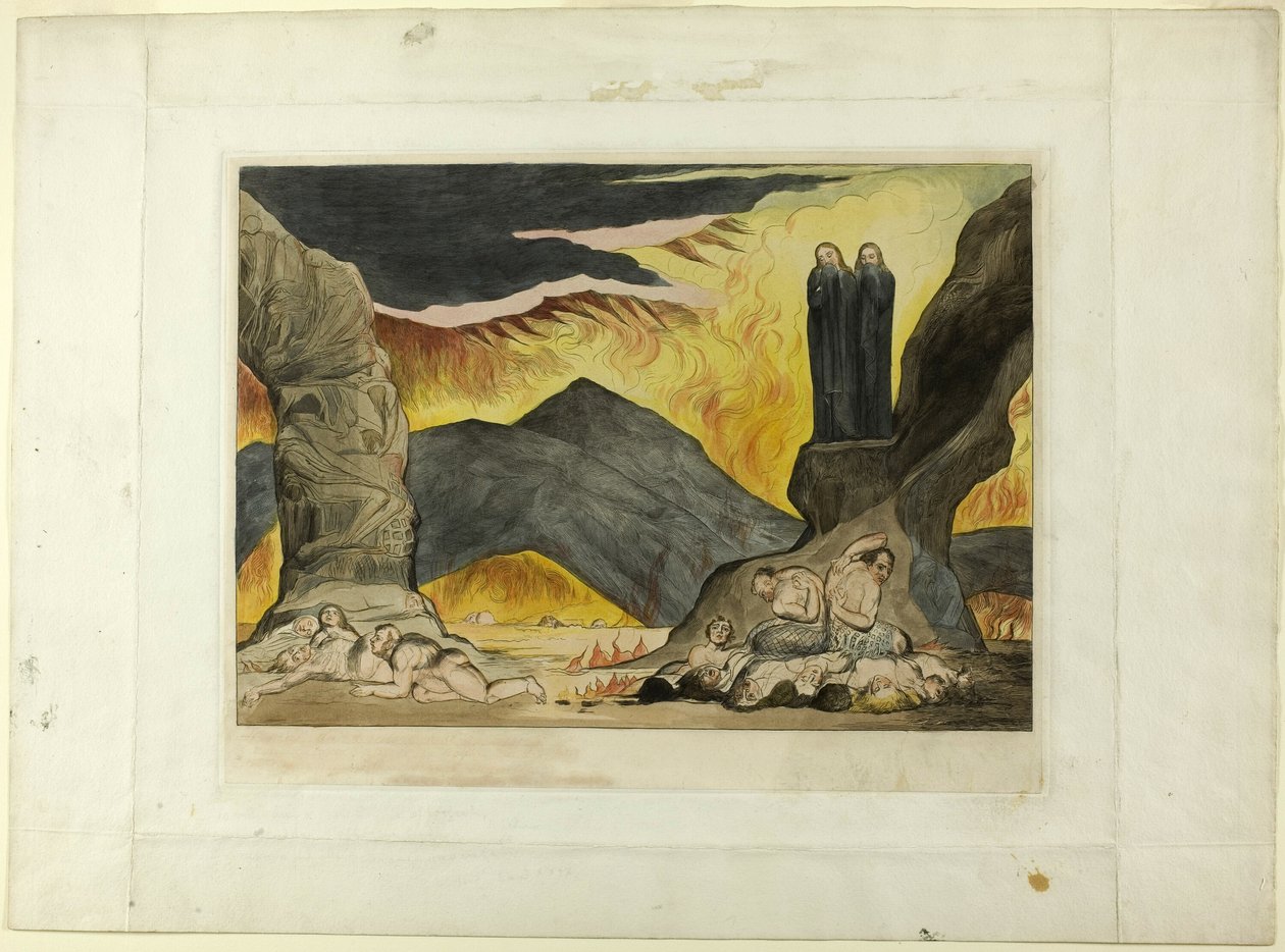 Sahteciler Çemberi: Dante ve Virgil Koku Nedeniyle Burunlarını Örtüyorlar. Cehennem, canto XXIX by William Blake