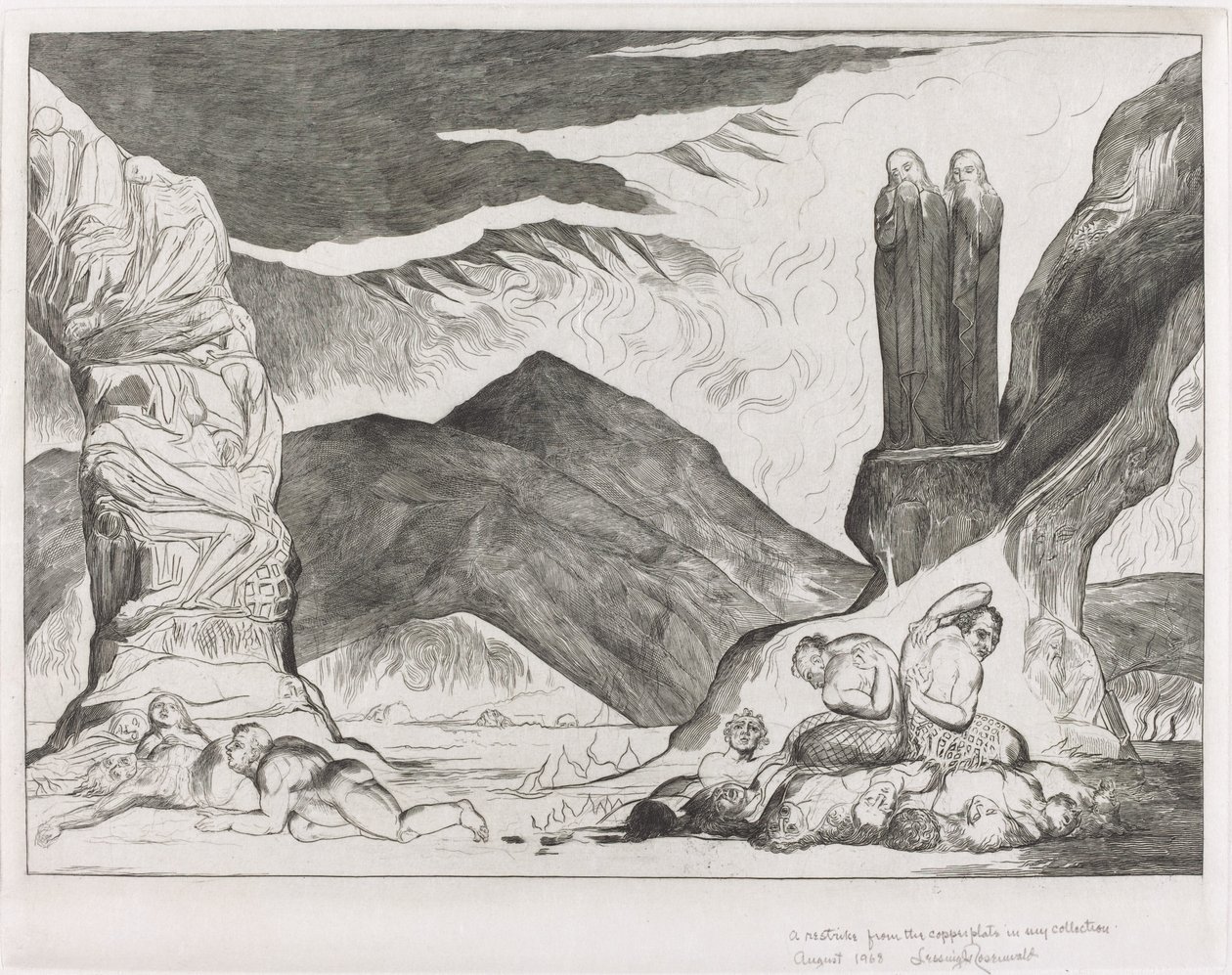 Yanlışlayıcılar Çemberi: Dante ve Virgil Kokudan Burunlarını Örtüyorlar, 1827. by William Blake