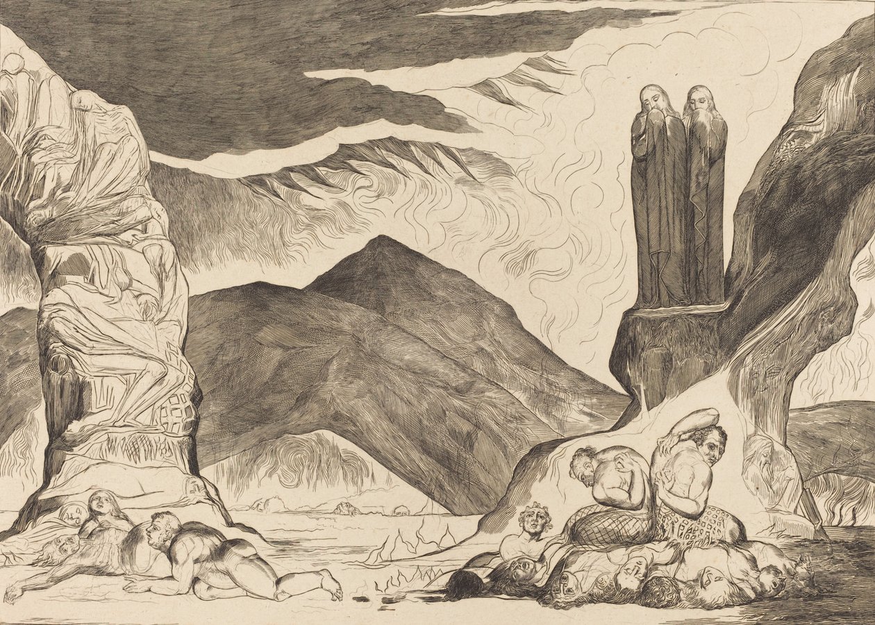 Yanlışlayıcılar Çemberi: Dante ve Virgil Kokudan Burunlarını Örtüyorlar, 1827. by William Blake