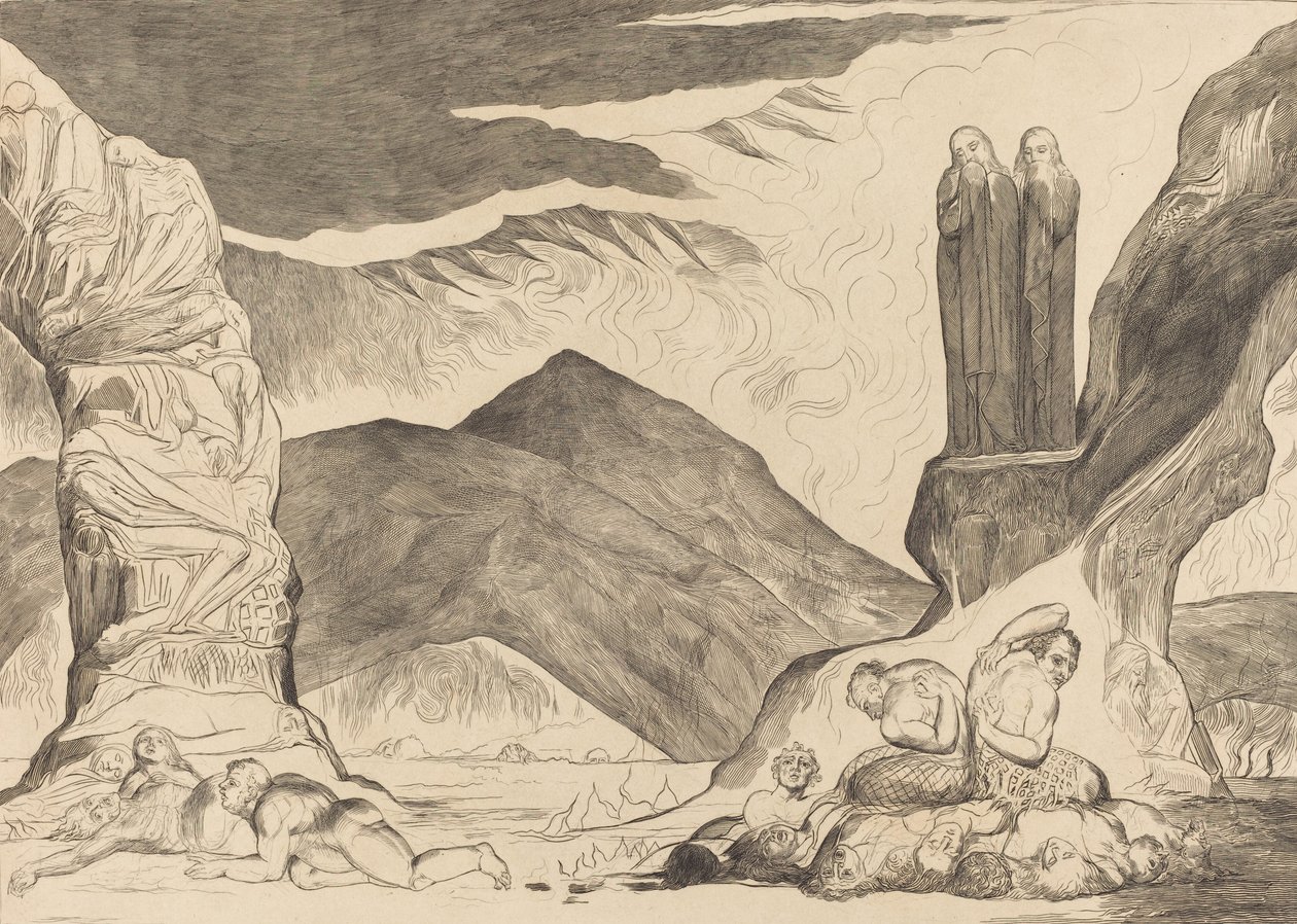 Yanlışlayıcılar Çemberi: Dante ve Virgil Kokudan Burunlarını Örtüyorlar, 1827. by William Blake