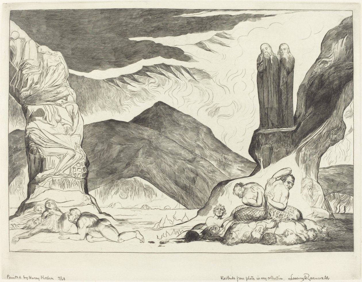 Sahtekarlar Çemberi, Dante ve Virgil Kokudan Burunlarını Kaplıyor, 1827. by William Blake